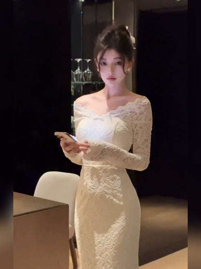 French Off - The - Shoulder Black Lace - Bow Long - Sleeve Waist - Cinched Maxi Dress - tutufox - 