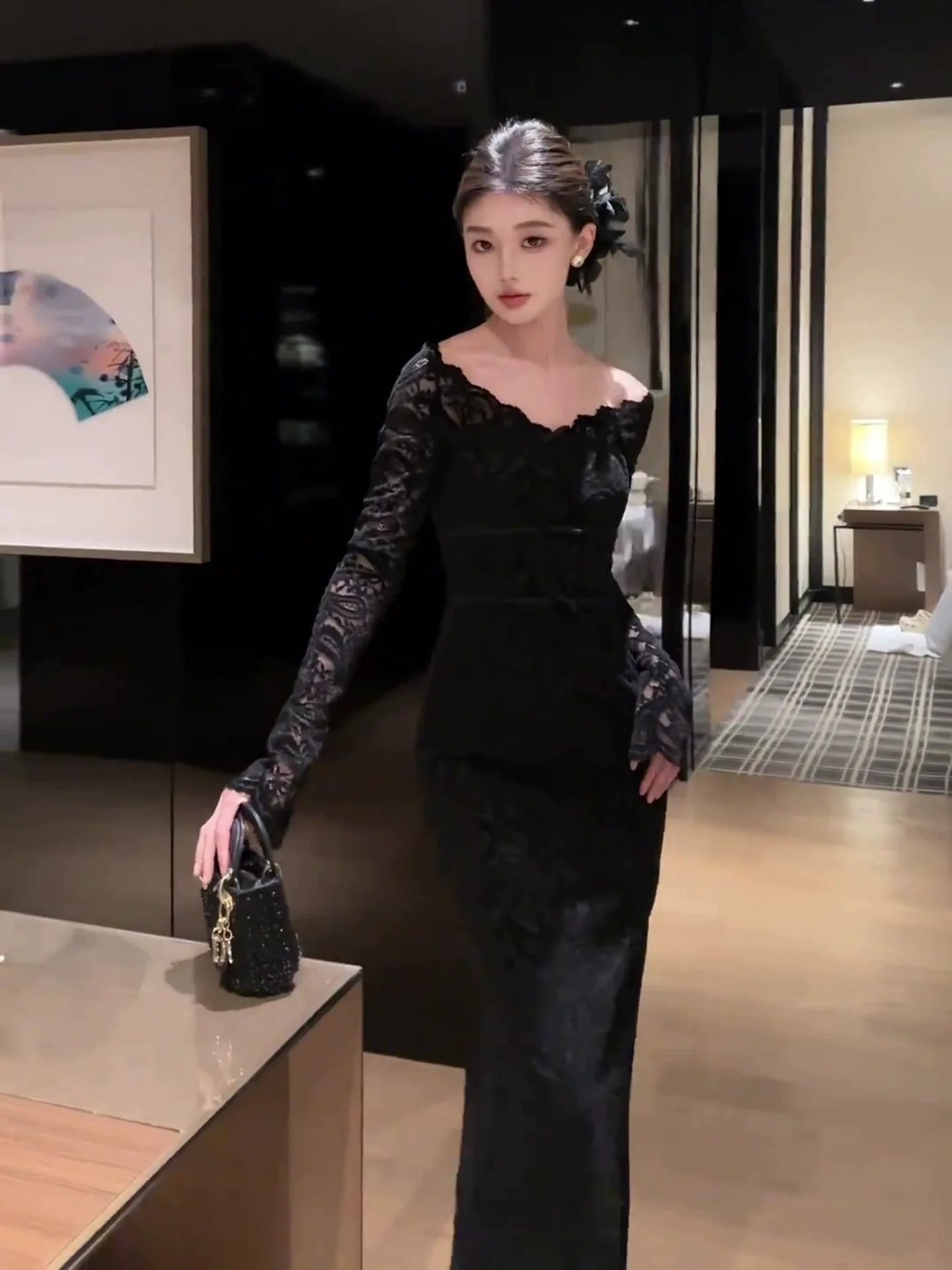 French Off - The - Shoulder Black Lace - Bow Long - Sleeve Waist - Cinched Maxi Dress - tutufox - 