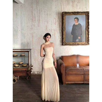 French Off - The - Shoulder Tulle Tube Top Unique Mermaid Maxi Dress - tutufox - 