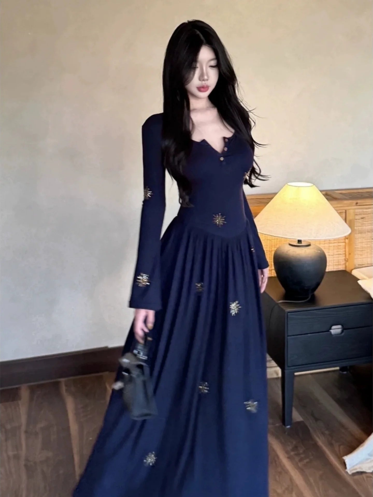 French Pure Desire V - Neck Embroidered Long - Sleeve Waist - Cinched Maxi Dress - tutufox - 