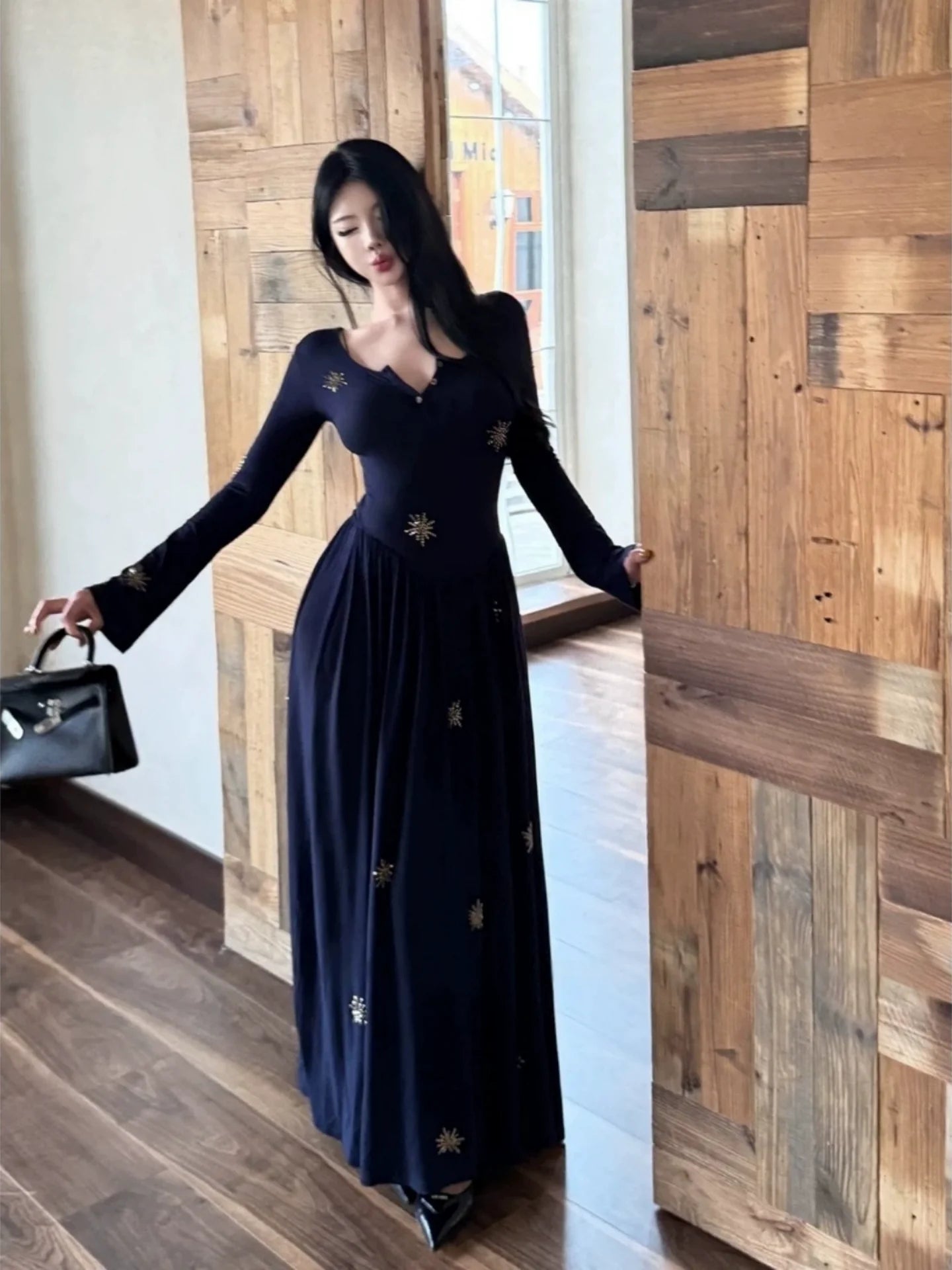 French Pure Desire V - Neck Embroidered Long - Sleeve Waist - Cinched Maxi Dress - tutufox - 