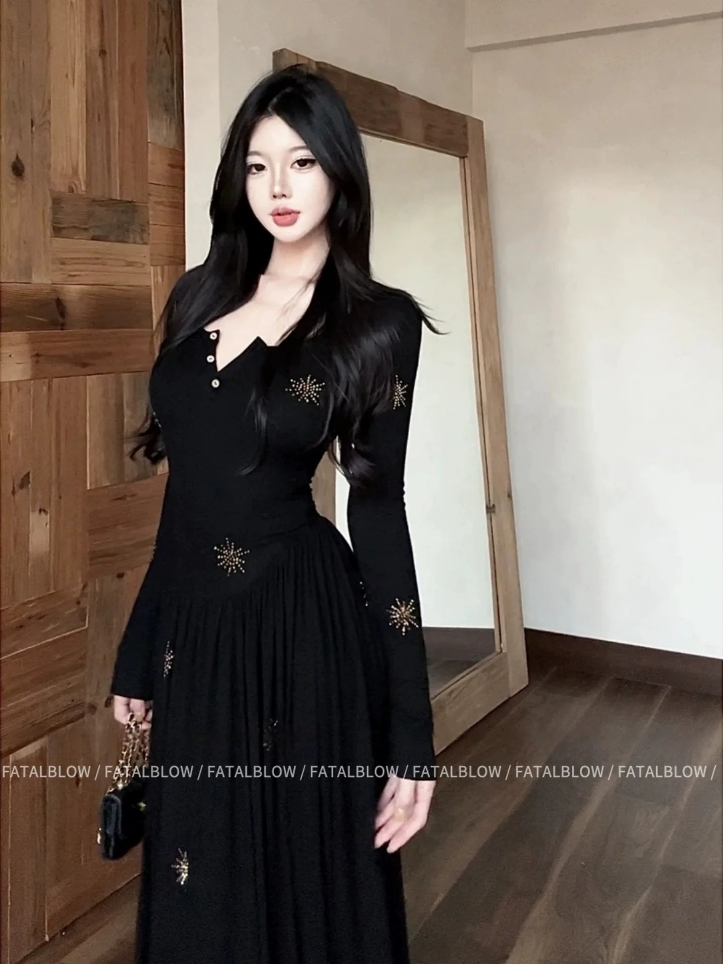 French Pure Desire V - Neck Embroidered Long - Sleeve Waist - Cinched Maxi Dress - tutufox - 