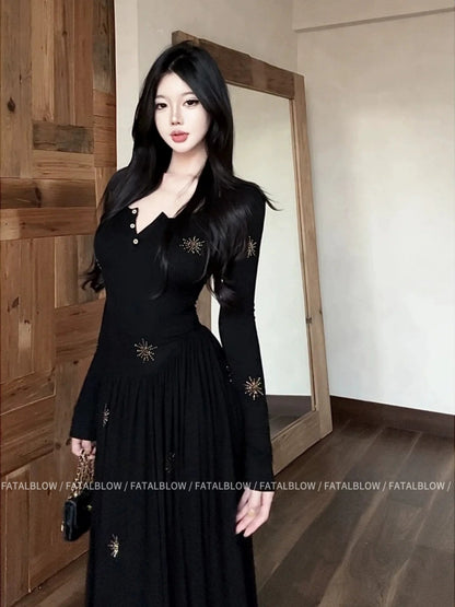 French Pure Desire V - Neck Embroidered Long - Sleeve Waist - Cinched Maxi Dress - tutufox - 