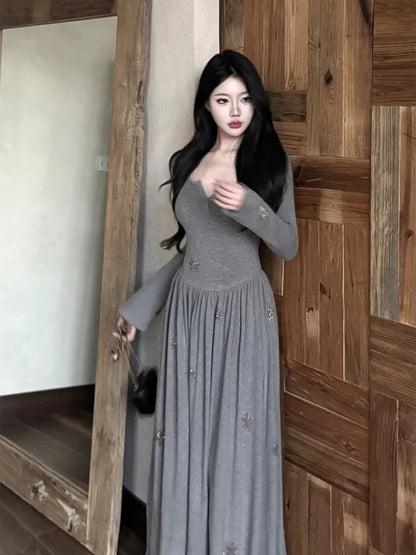 French Pure Desire V - Neck Embroidered Long - Sleeve Waist - Cinched Maxi Dress - tutufox - 