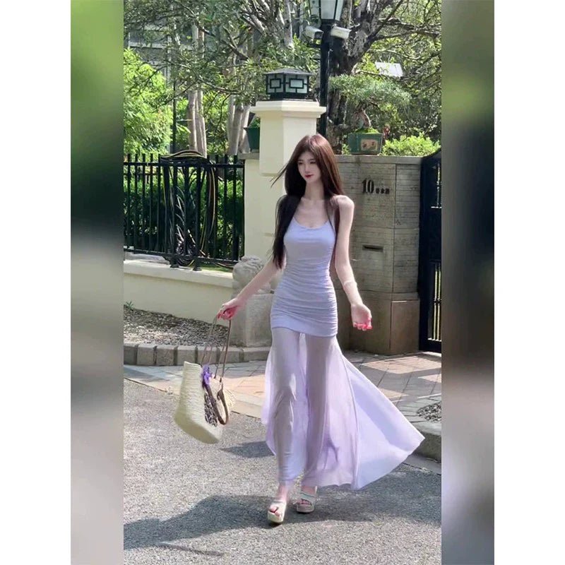 French Purple Tulle Camisole Waist - Cinched Mermaid Maxi Dress - tutufox - 