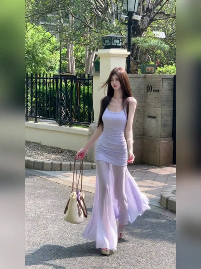 French Purple Tulle Camisole Waist - Cinched Mermaid Maxi Dress - tutufox - 