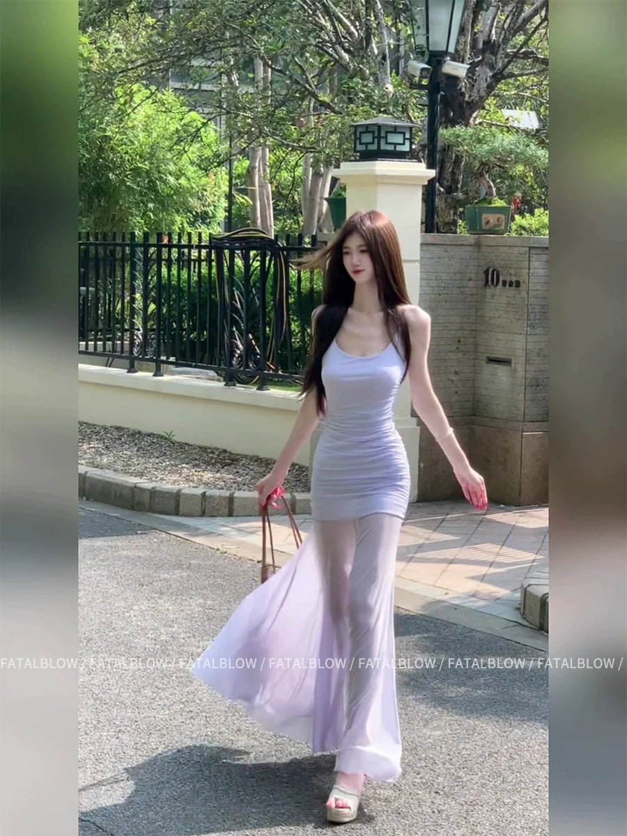 French Purple Tulle Camisole Waist - Cinched Mermaid Maxi Dress - tutufox - 