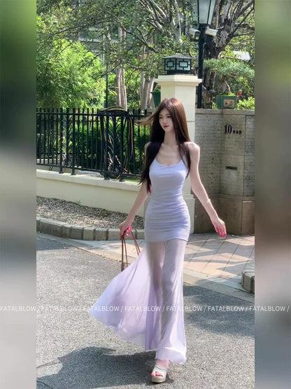 French Purple Tulle Camisole Waist - Cinched Mermaid Maxi Dress - tutufox - 