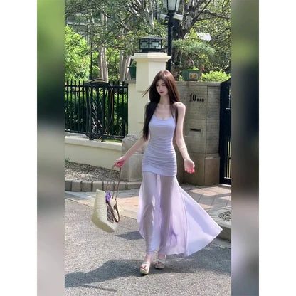 French Purple Tulle Camisole Waist - Cinched Mermaid Maxi Dress - tutufox - 