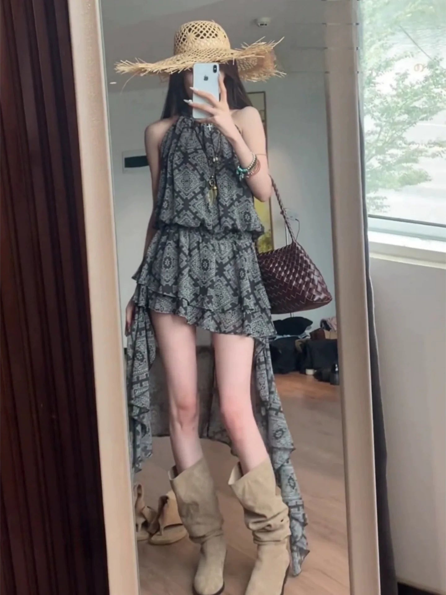 French Retro Print Asymmetrical Halter Waist - Cinched Mini Dress - tutufox - 