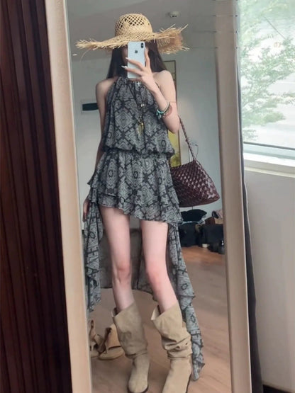 French Retro Print Asymmetrical Halter Waist - Cinched Mini Dress - tutufox - 