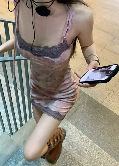 French Retro Tie - Dye Lace - Paneled Halter Hot Girl Bodycon Summer Mini Dress - tutufox - 