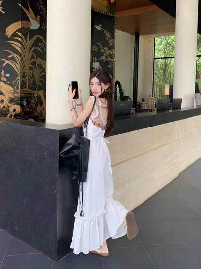 French Romantic Floral Embroidered Mermaid Halter Waist - Cinched Elegant Maxi Dress - tutufox - 