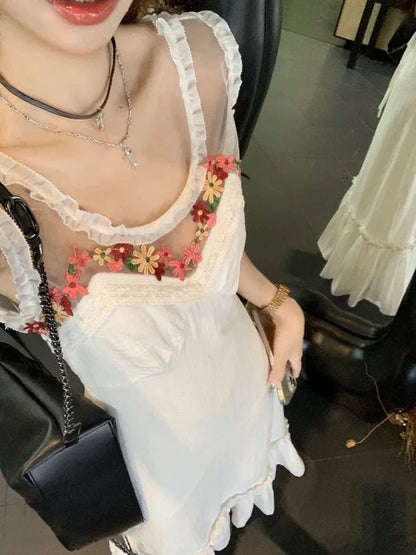 French Romantic Floral Embroidered Mermaid Halter Waist - Cinched Elegant Maxi Dress - tutufox - 