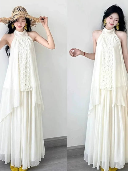 French Soft Vibe Two - Piece Sleeveless Top & Maxi Skirt Set Dress - tutufox - 