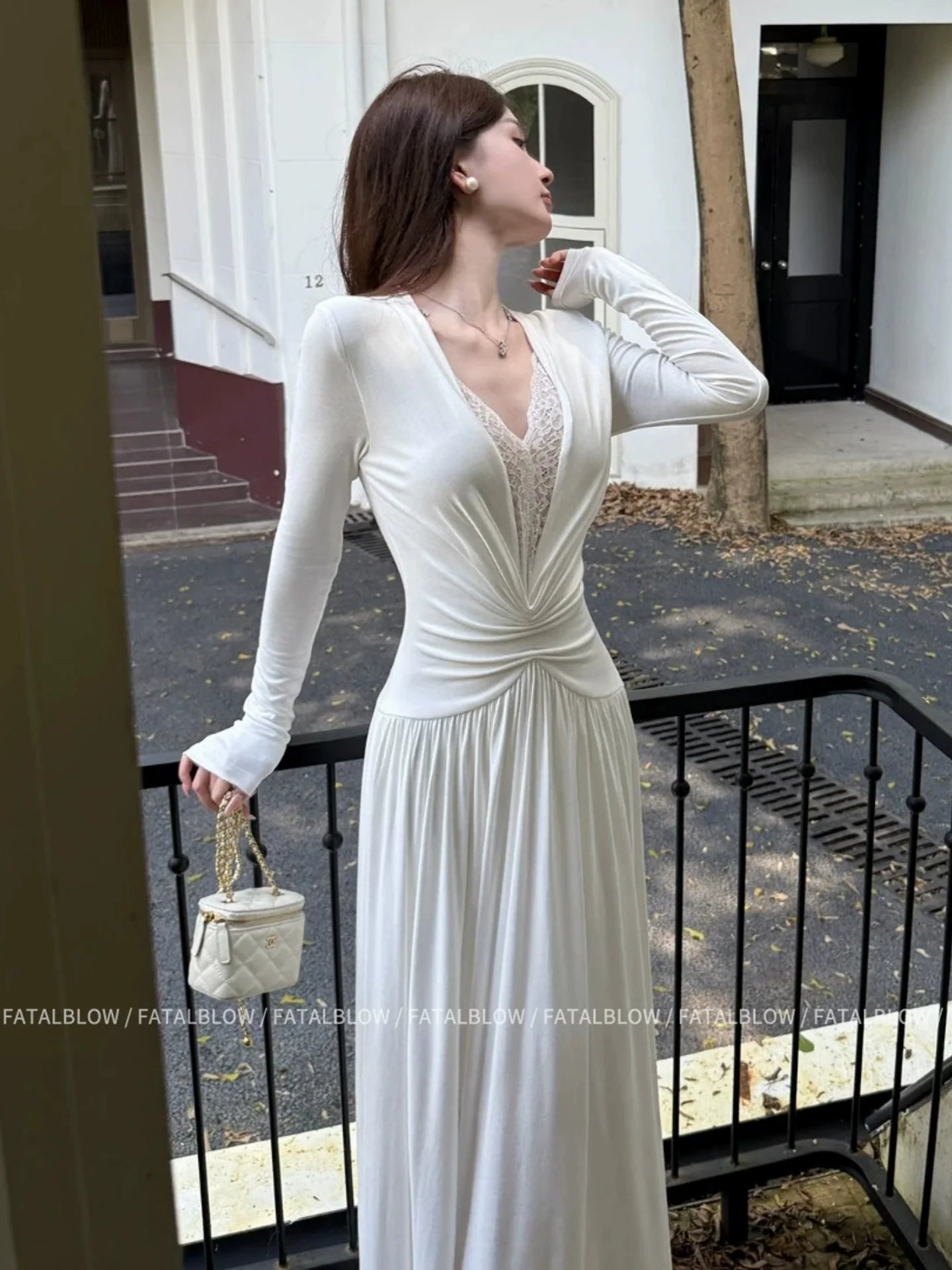 French White Lace V - Neck Long - Sleeve Waist - Cinched Maxi Dress - tutufox - 