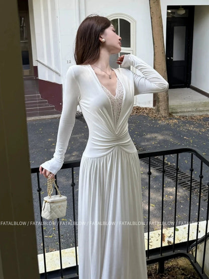 French White Lace V - Neck Long - Sleeve Waist - Cinched Maxi Dress - tutufox - 