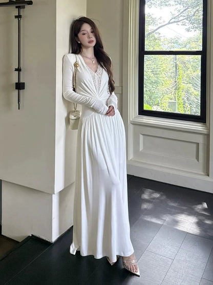 French White Lace V - Neck Long - Sleeve Waist - Cinched Maxi Dress - tutufox - 