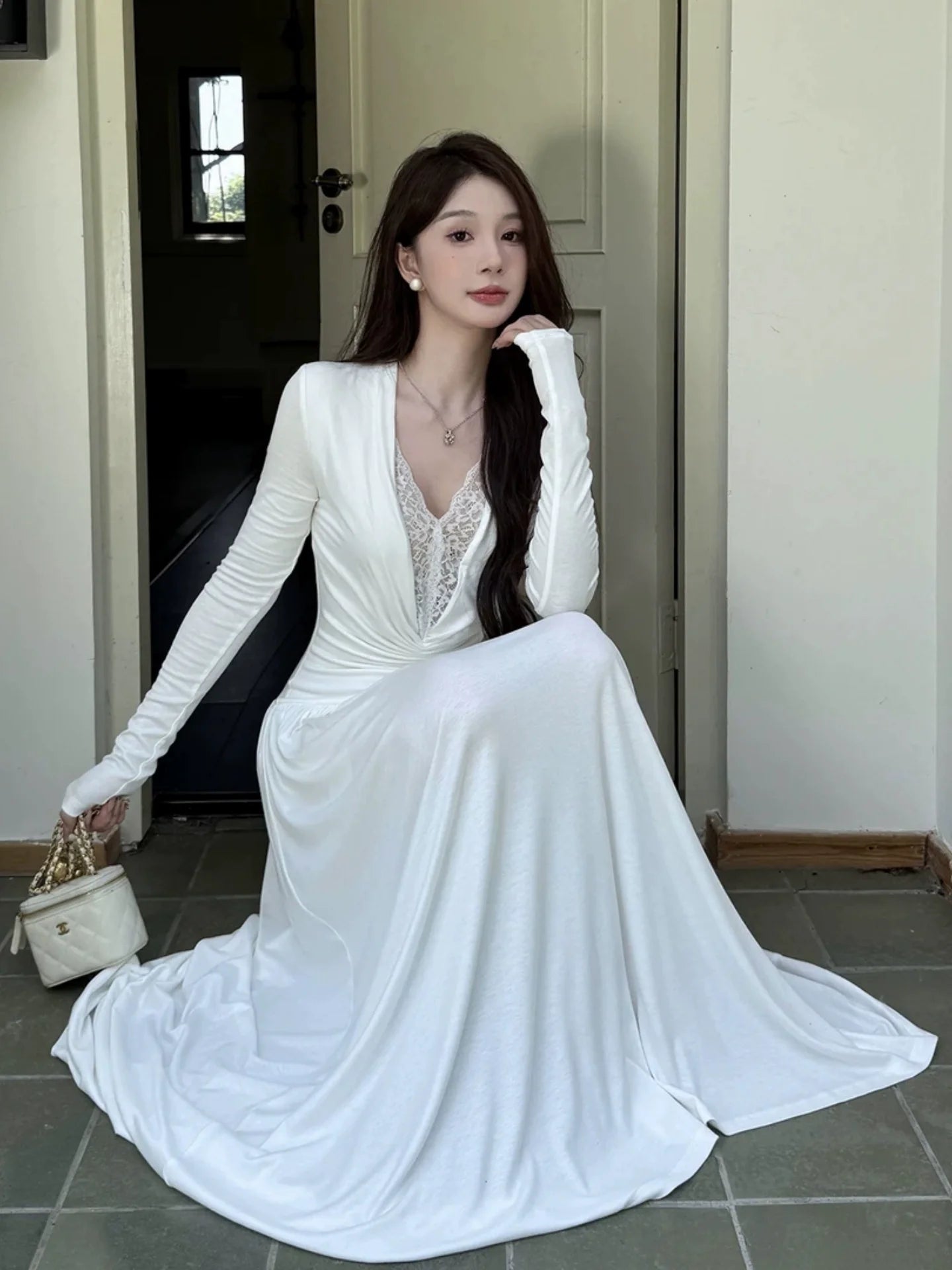 French White Lace V - Neck Long - Sleeve Waist - Cinched Maxi Dress - tutufox - 