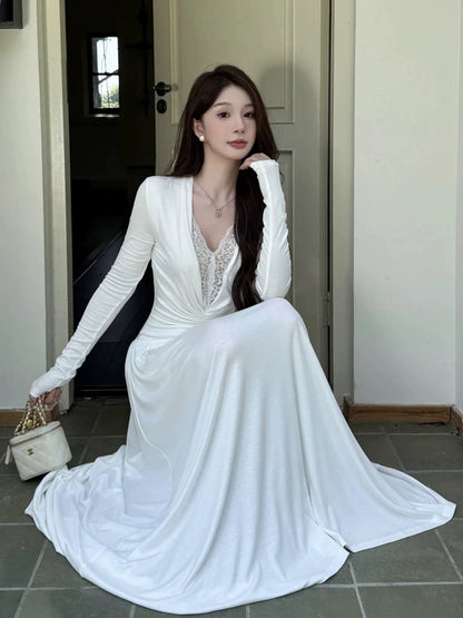 French White Lace V - Neck Long - Sleeve Waist - Cinched Maxi Dress - tutufox - 