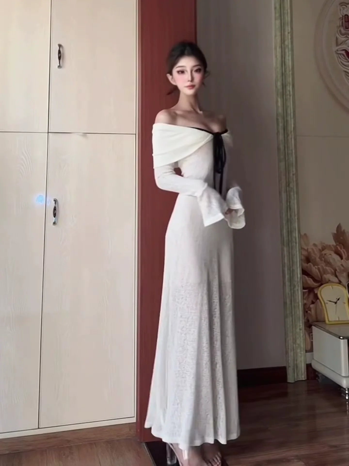 French White Off - Shoulder Tube Top Long - Sleeve Bodycon Midi Dress - tutufox - 