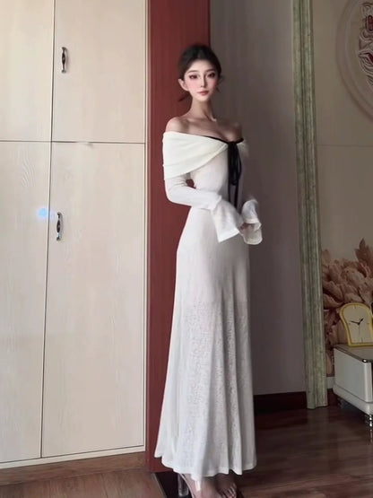 French White Off - Shoulder Tube Top Long - Sleeve Bodycon Midi Dress - tutufox - 