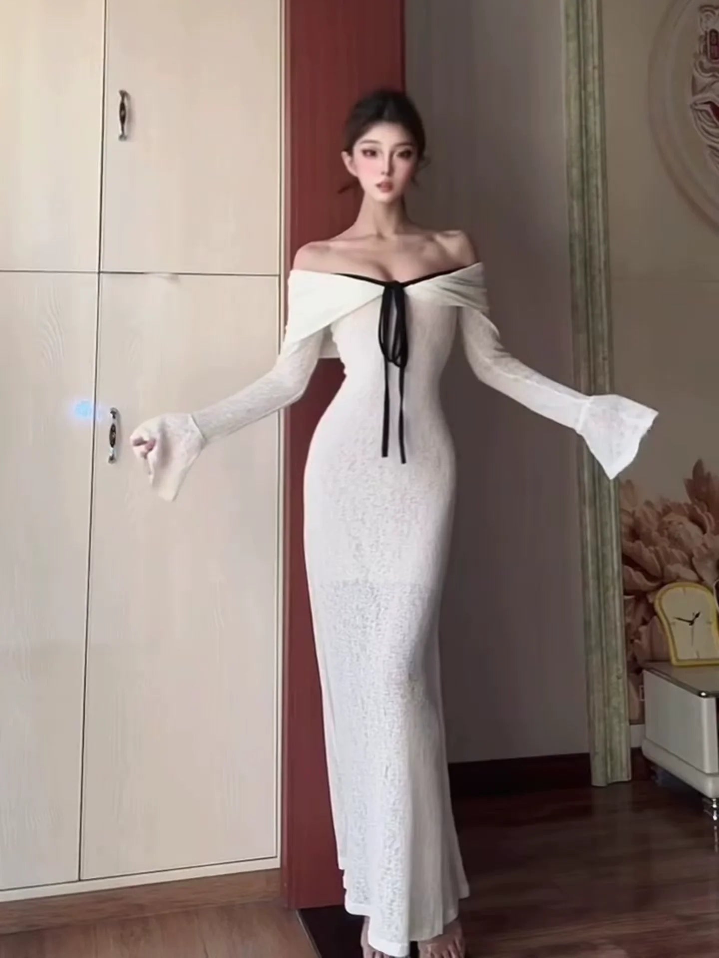 French White Off - Shoulder Tube Top Long - Sleeve Bodycon Midi Dress - tutufox - 