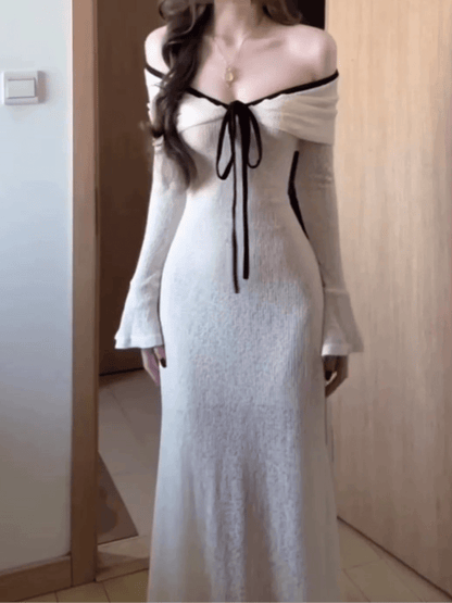 French White Off - The - Shoulder Tube Top Long - Sleeve Maxi Dress - tutufox - 