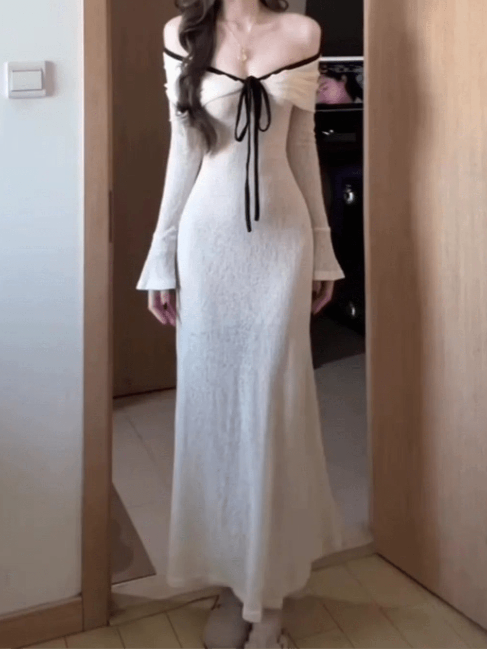 French White Off - The - Shoulder Tube Top Long - Sleeve Maxi Dress - tutufox - 