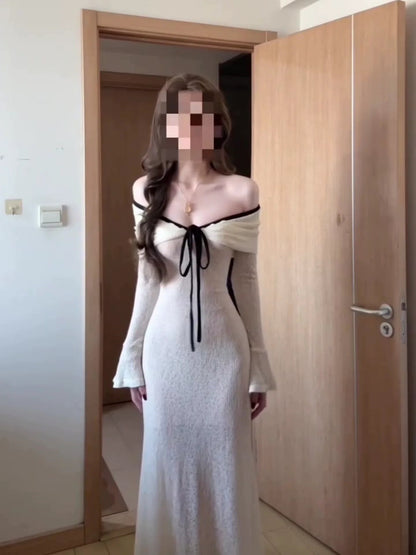 French White Off - The - Shoulder Tube Top Long - Sleeve Maxi Dress - tutufox - 