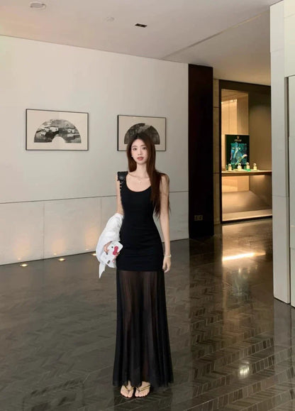 French White Tulle Camisole Pure Desire Waist - Cinched Mermaid Maxi Dress - tutufox - 