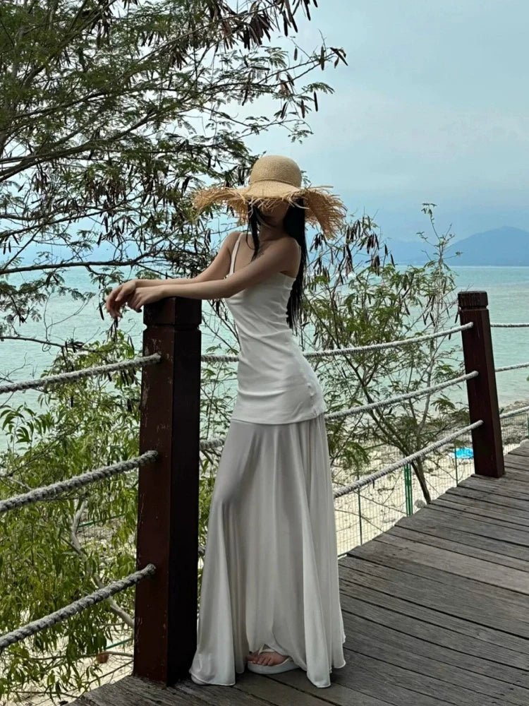 French White Tulle Camisole Pure Desire Waist - Cinched Mermaid Maxi Dress - tutufox - 