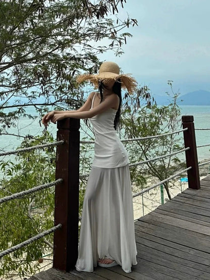 French White Tulle Camisole Pure Desire Waist - Cinched Mermaid Maxi Dress - tutufox - 