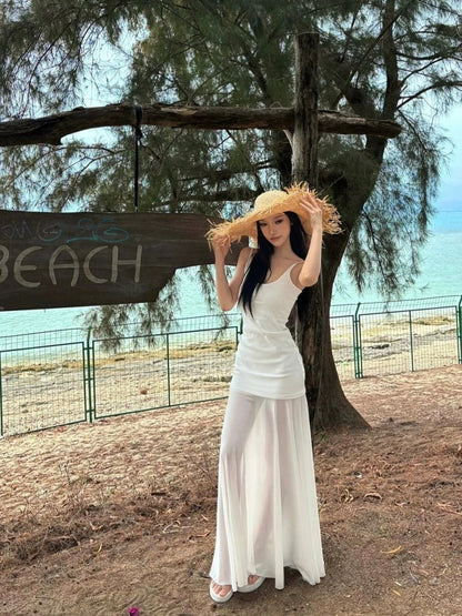 French White Tulle Camisole Pure Desire Waist - Cinched Mermaid Maxi Dress - tutufox - 