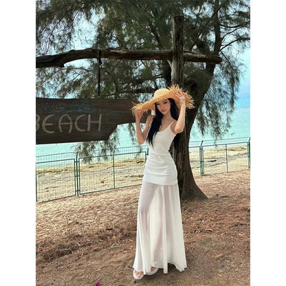 French White Tulle Camisole Pure Desire Waist - Cinched Mermaid Maxi Dress - tutufox - 