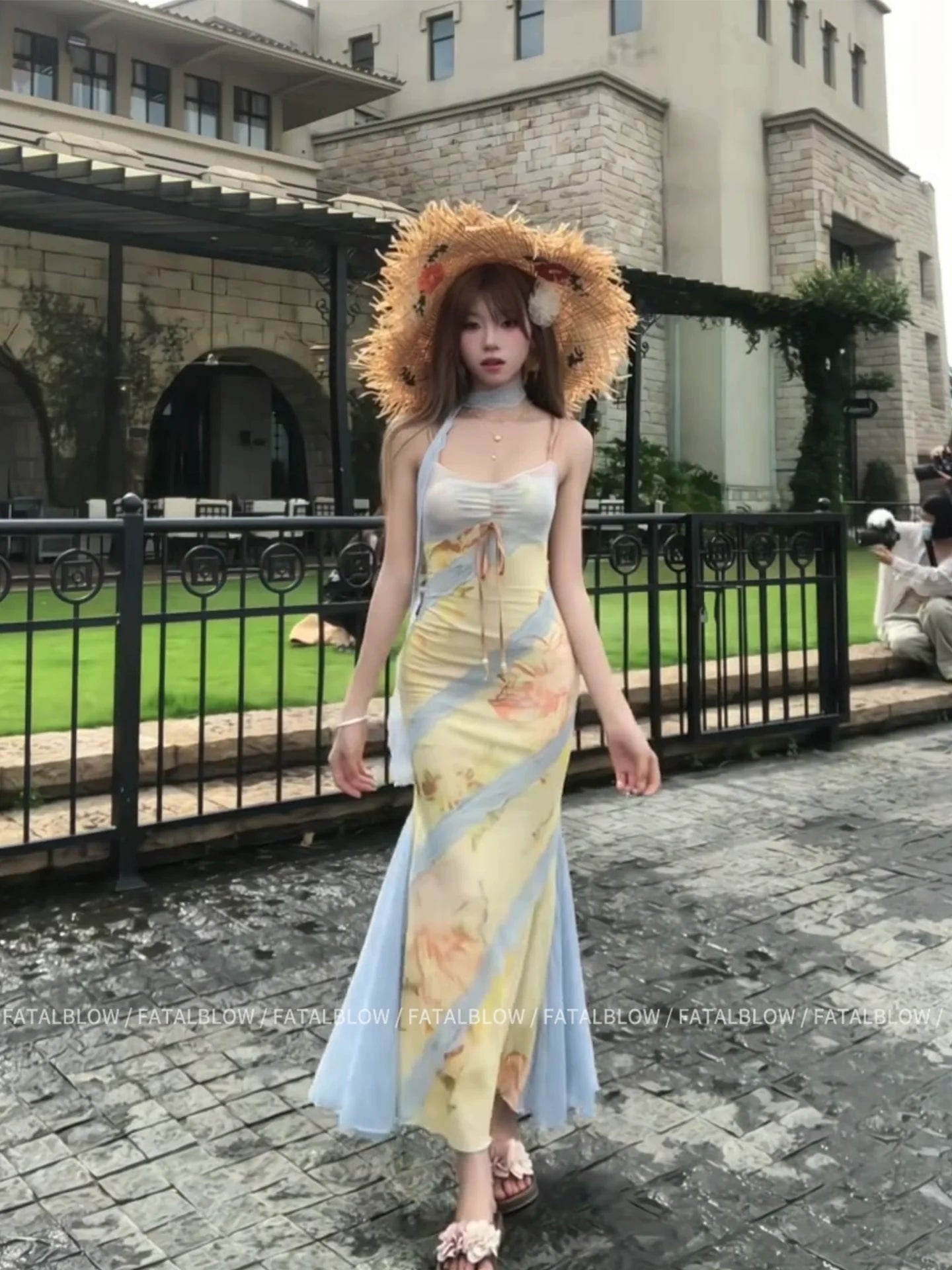 French Yellow Floral Lace Spaghetti - Strap Beach Vacation Mermaid Maxi Dress - tutufox - 