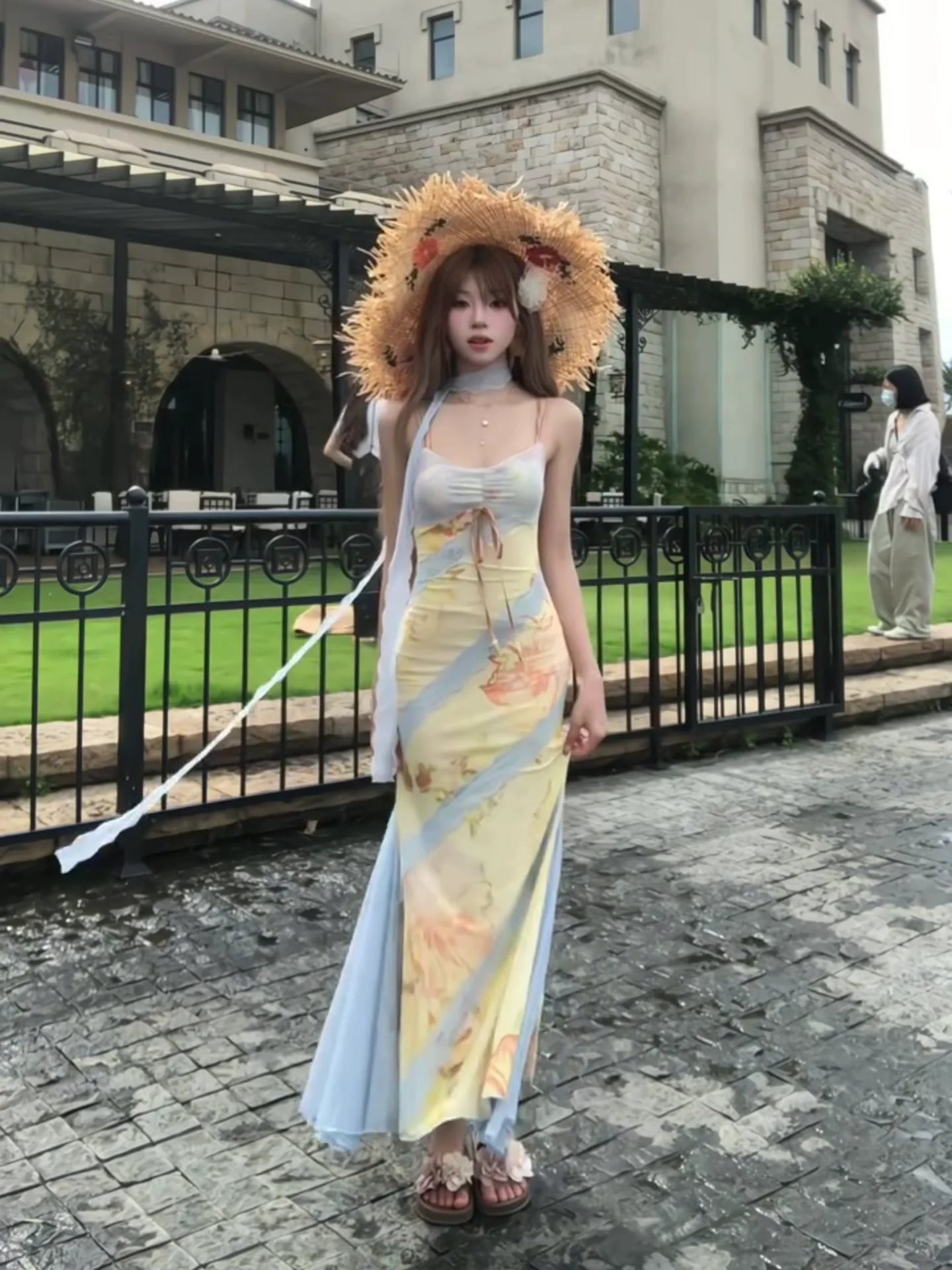 French Yellow Floral Lace Spaghetti - Strap Beach Vacation Mermaid Maxi Dress - tutufox - 