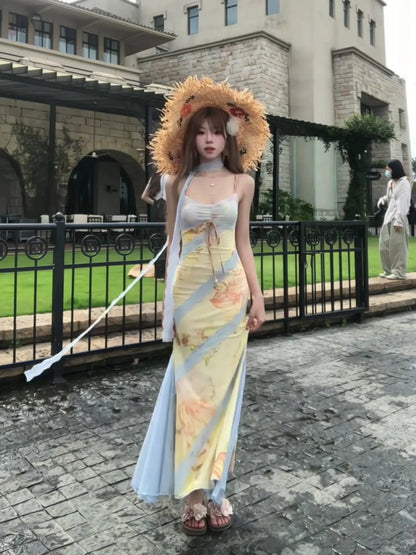 French Yellow Floral Lace Spaghetti - Strap Beach Vacation Mermaid Maxi Dress - tutufox - 