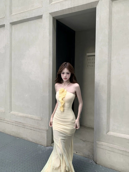 French Yellow Tulle Tube - Top Halter Beach Vacation Mermaid Midi Dress - tutufox - 