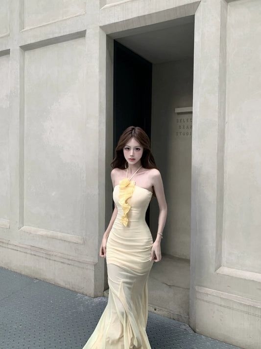 French Yellow Tulle Tube - Top Halter Beach Vacation Mermaid Midi Dress - tutufox - 