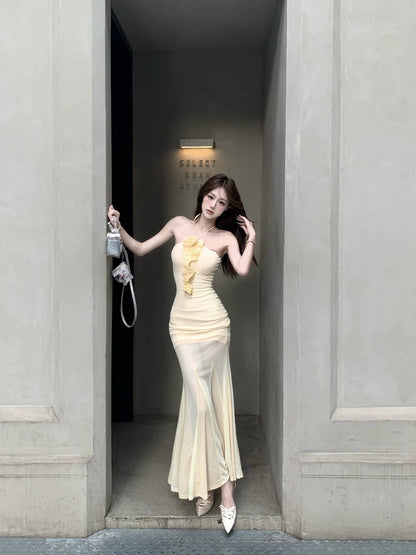 French Yellow Tulle Tube - Top Halter Beach Vacation Mermaid Midi Dress - tutufox - 