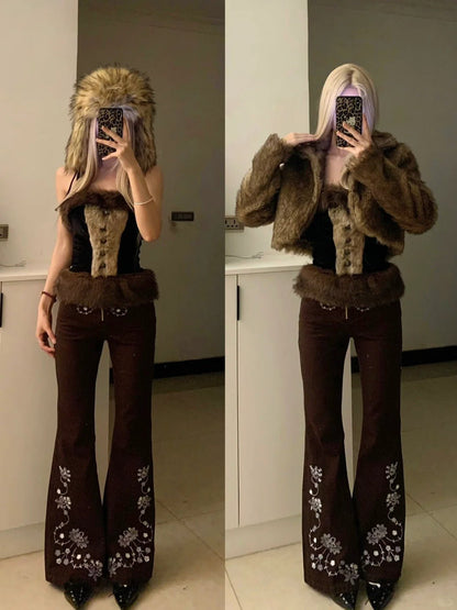 Fur Bustier Top with Embroidered Flares and Fur Coat Y2K Outfit - tutufox - 