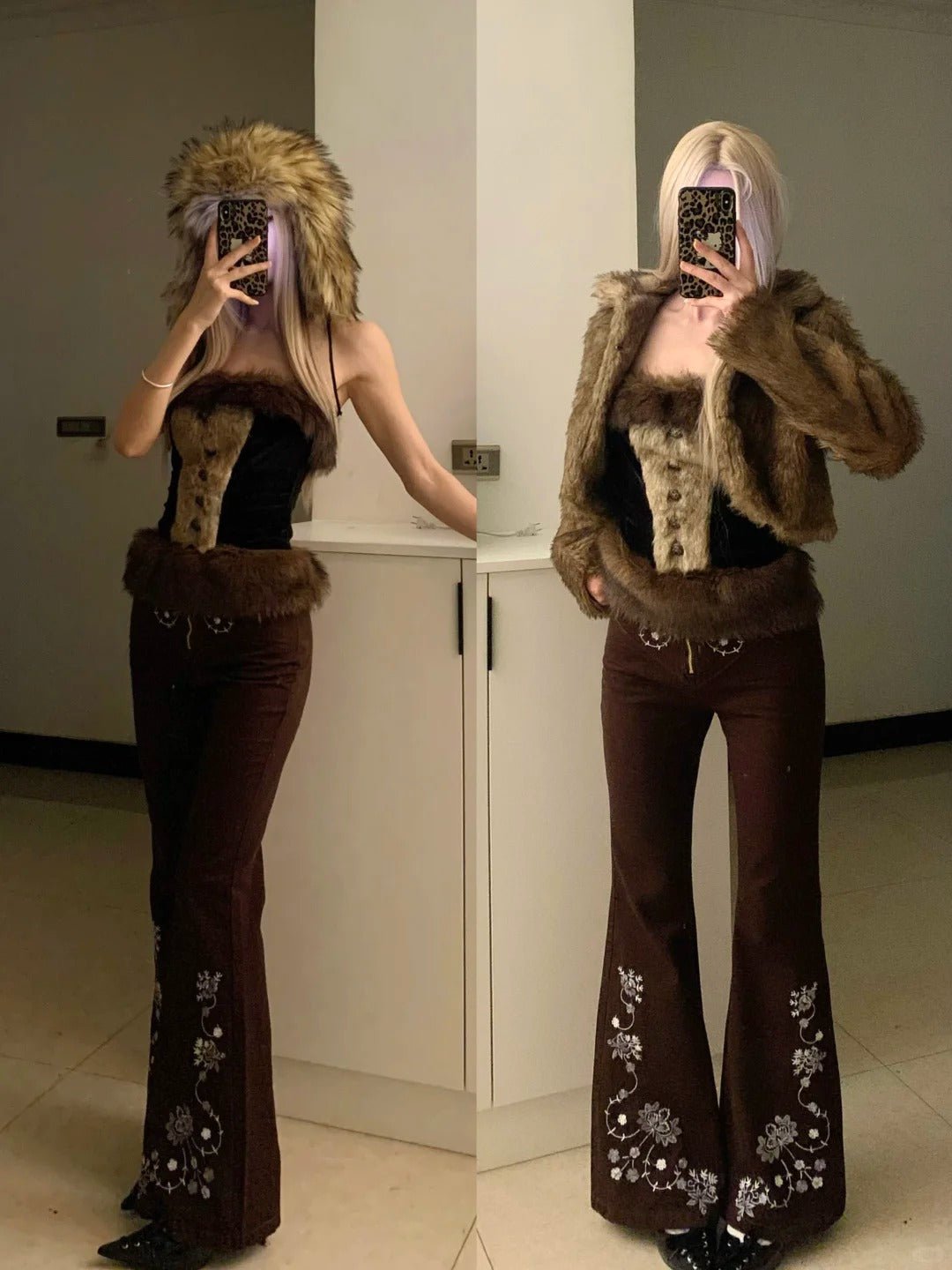 Fur Bustier Top with Embroidered Flares and Fur Coat Y2K Outfit - tutufox - 