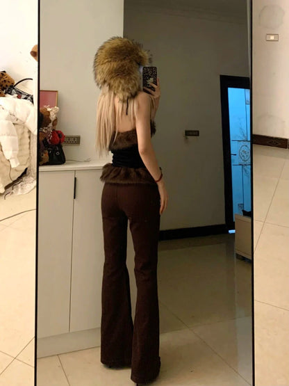 Fur Bustier Top with Embroidered Flares and Fur Coat Y2K Outfit - tutufox - 