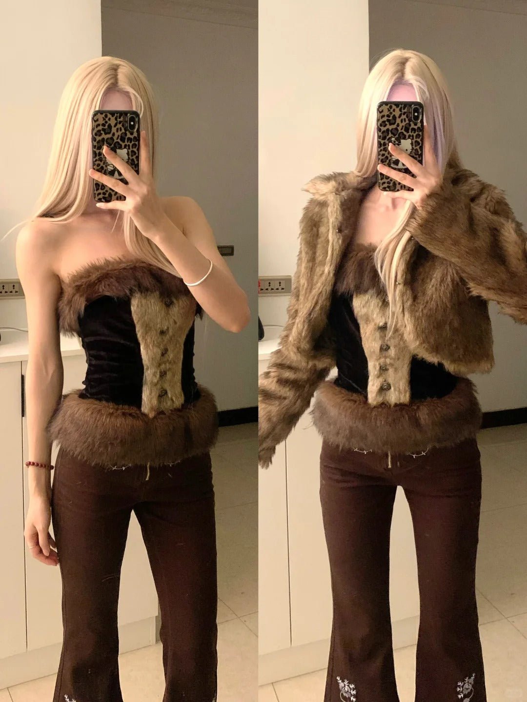 Fur Bustier Top with Embroidered Flares and Fur Coat Y2K Outfit - tutufox - 