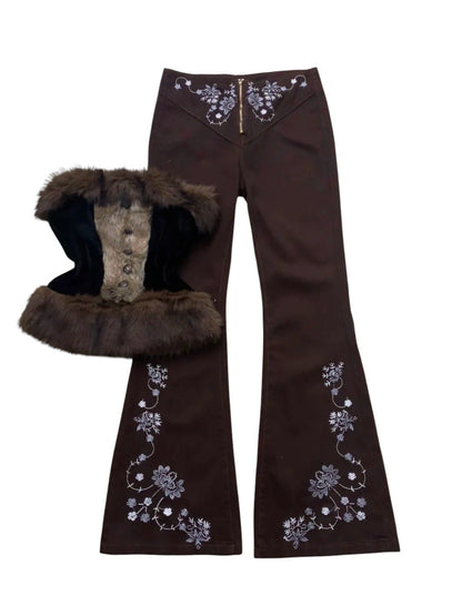 Fur Bustier Top with Embroidered Flares and Fur Coat Y2K Outfit - tutufox - 
