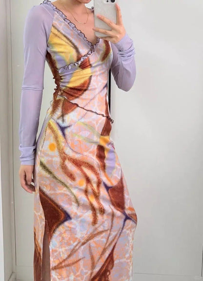 Geometric Print V - Neck Asymmetrical Hem Fitted Long Sleeves Dress - tutufox - 