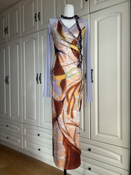 Geometric Print V - Neck Asymmetrical Hem Fitted Long Sleeves Dress - tutufox - 