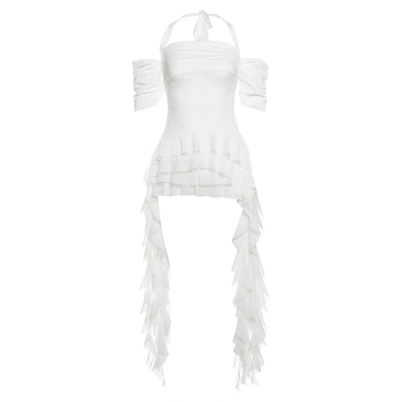 Girly Soft Vibe Halter Off - Shoulder Ruffled Asymmetrical Mini Dress - tutufox - 