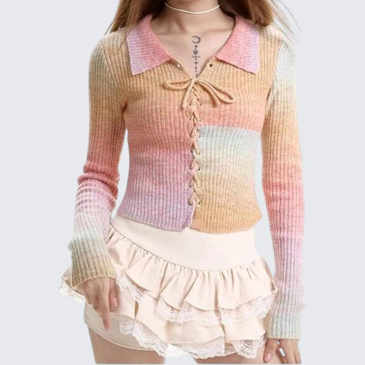 Gradient Long-Sleeve Short Knitted Sweater - Spring & Autumn